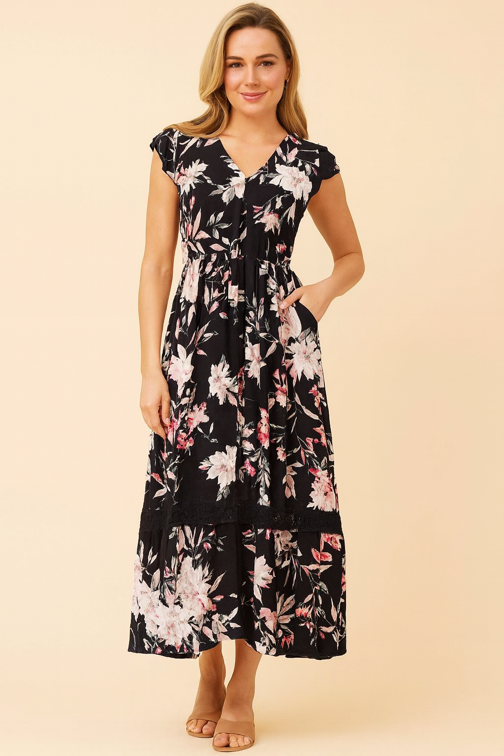 Cap Sleeve Floral Midi Dress