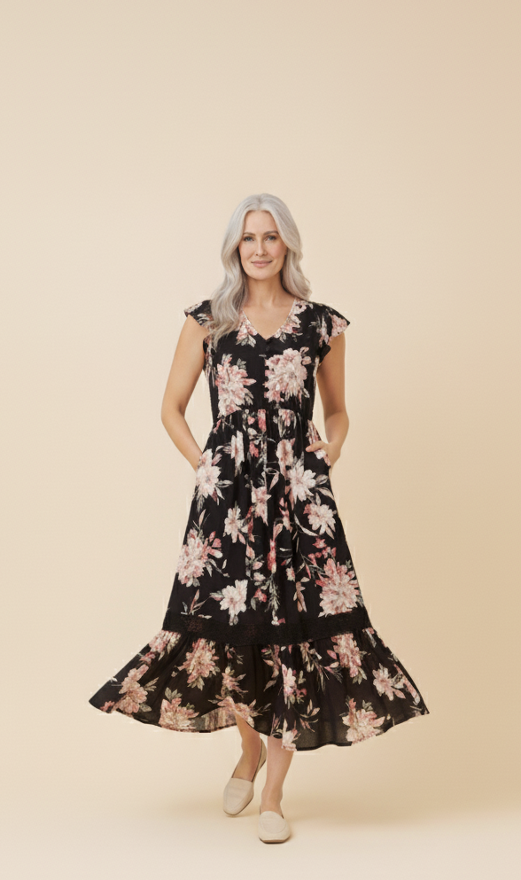 Cap Sleeve Floral Midi Dress