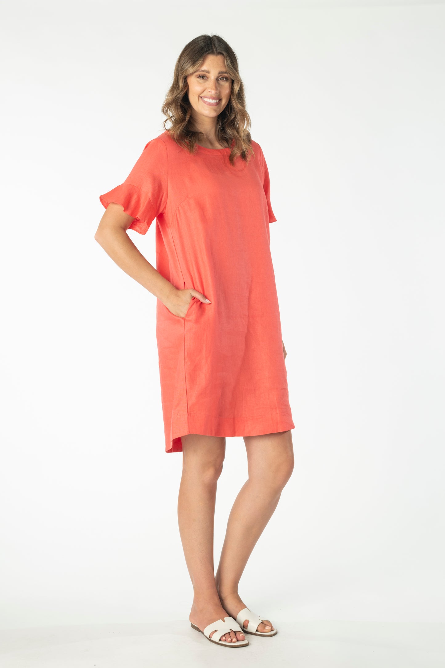 Linen Ruffle Sleeve Dress