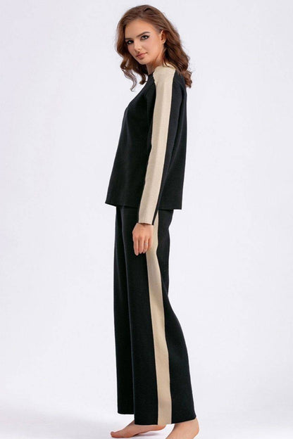 Cotton Contrast Long Sleeve Knit Pants