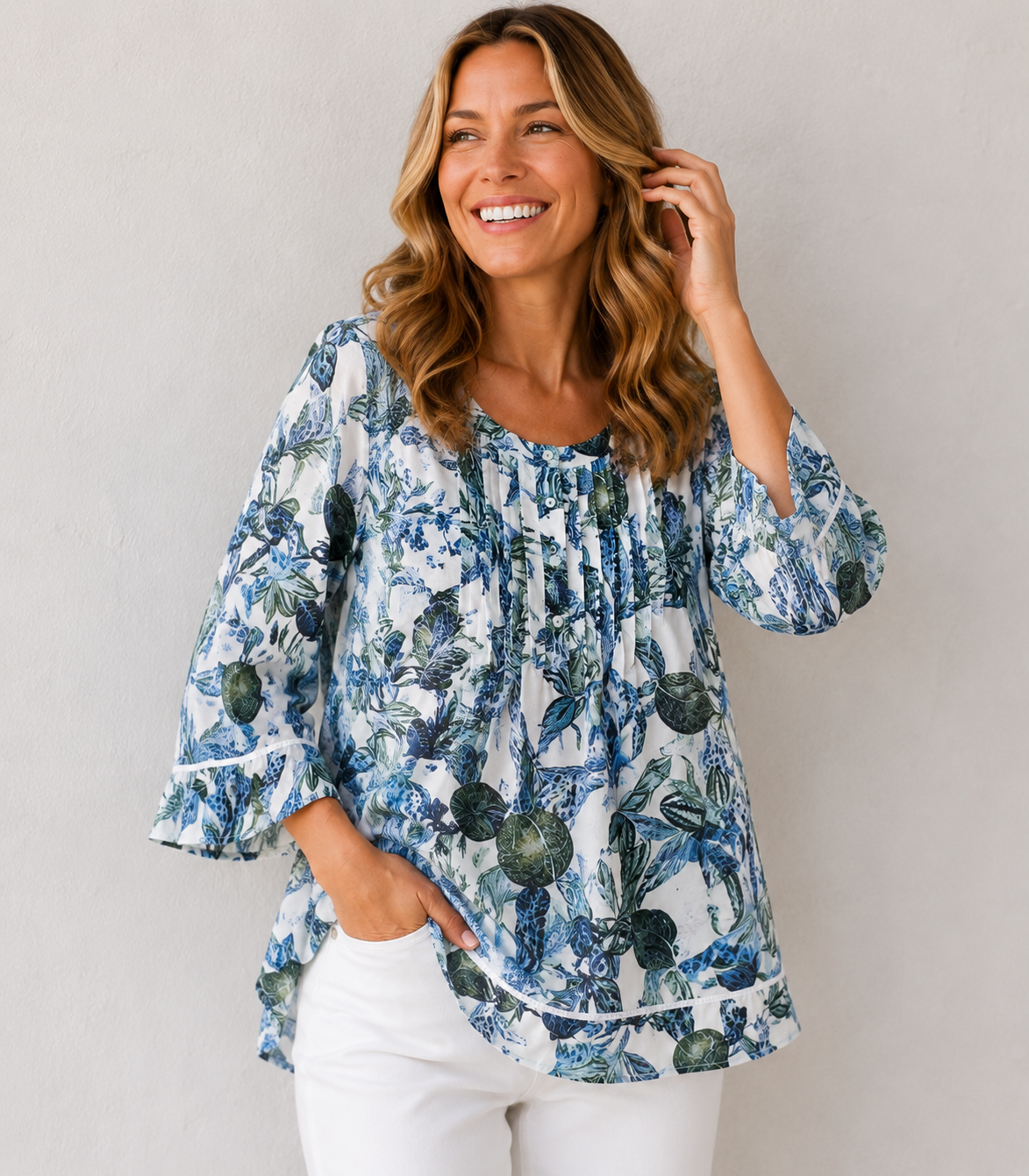 Casey Pintuck Top Blue Leaf