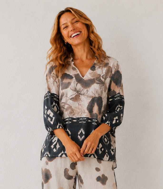 Ikat Safari Blouse w/Split Sides