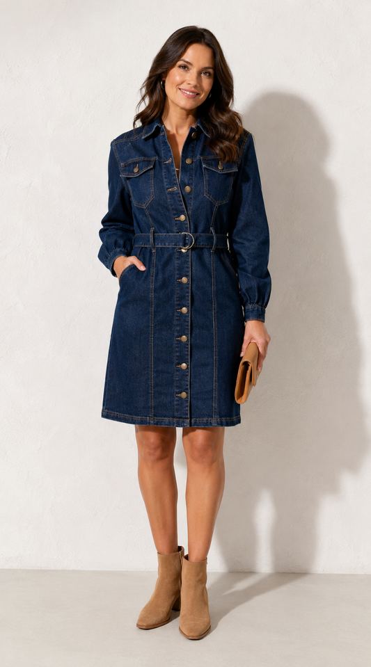 Belted Long Sleeve Denim Dress