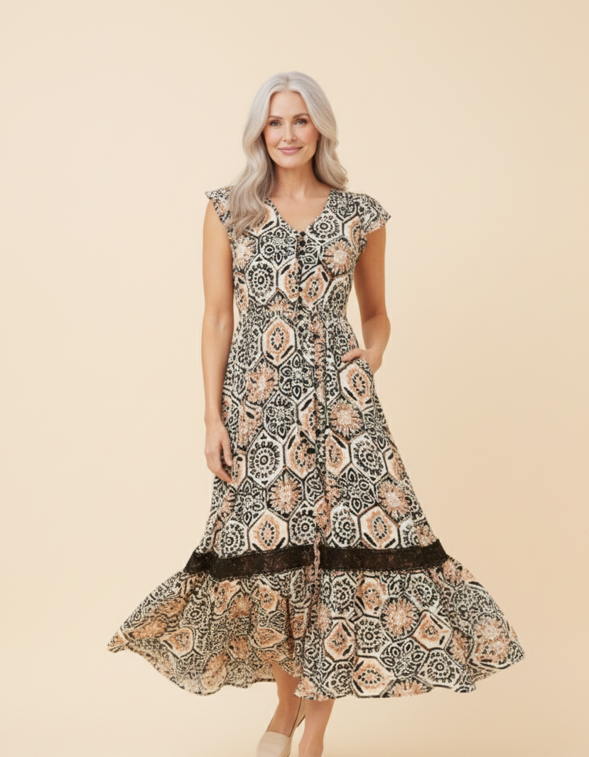 Cap Sleeve Buttoned Maxi Dress