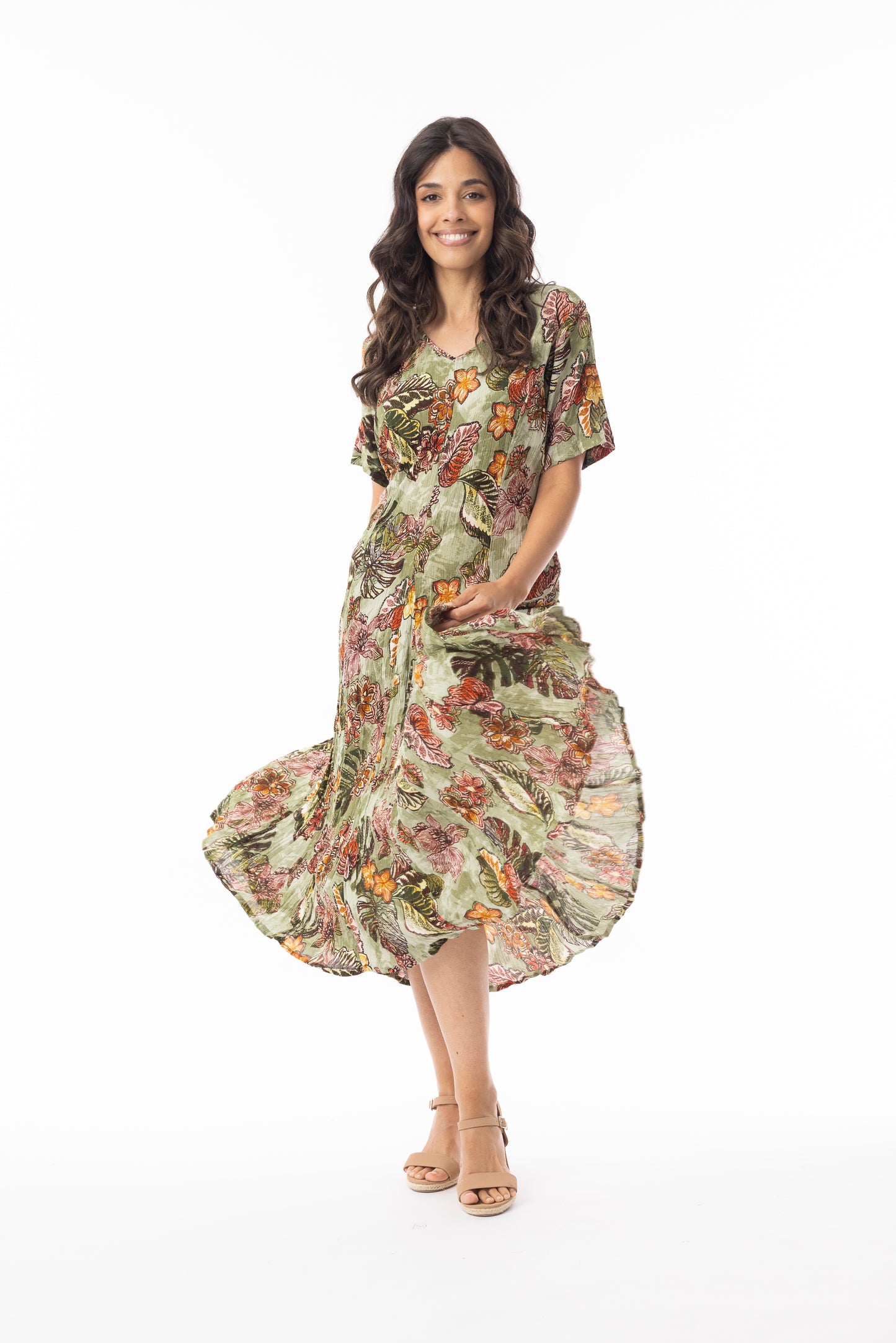 Lima Olive Godet Short Sleeve Dress