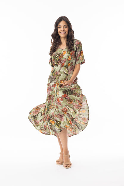 Lima Olive Godet Short Sleeve Dress