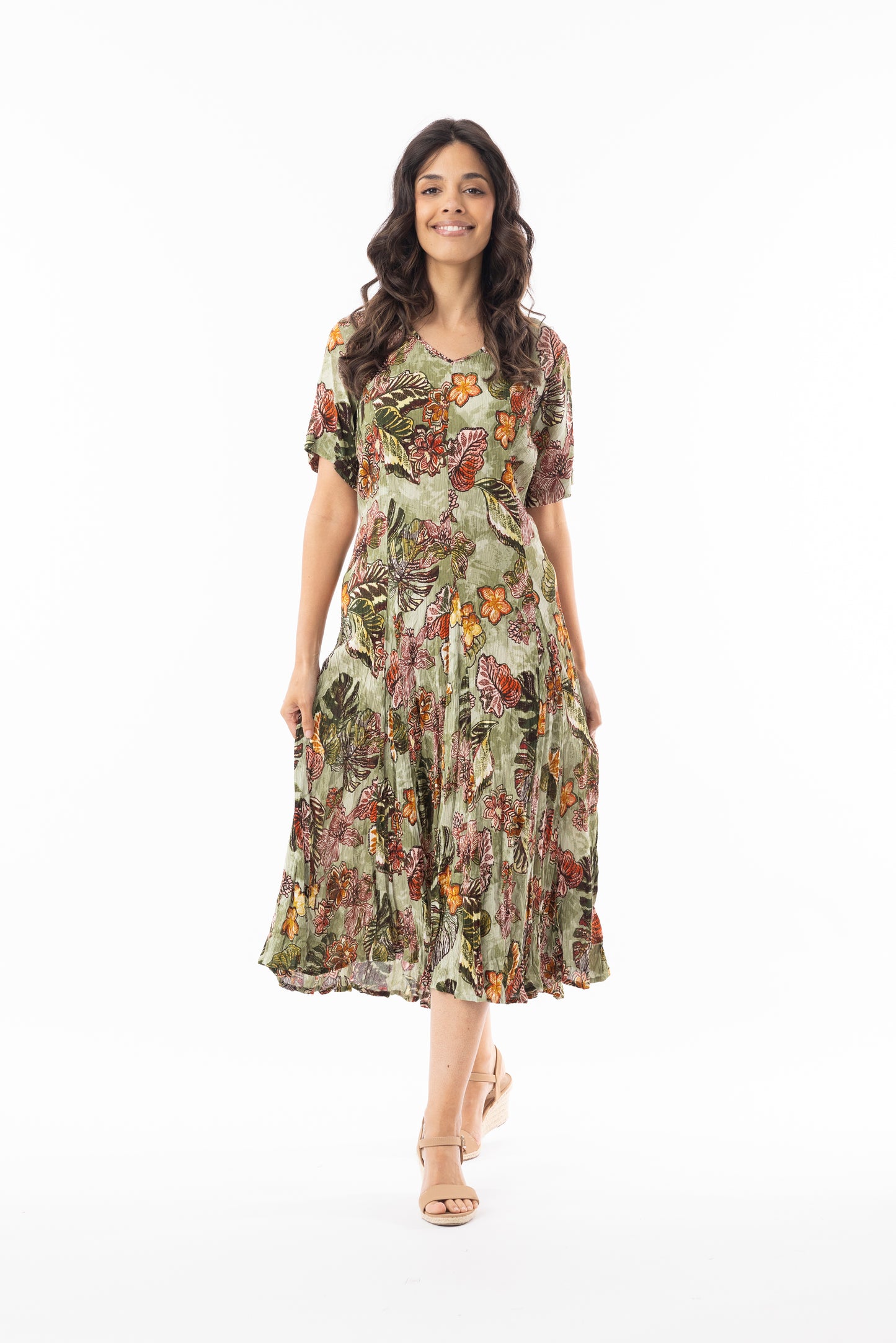 Lima Olive Godet Short Sleeve Dress