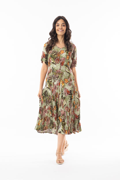 Lima Olive Godet Short Sleeve Dress