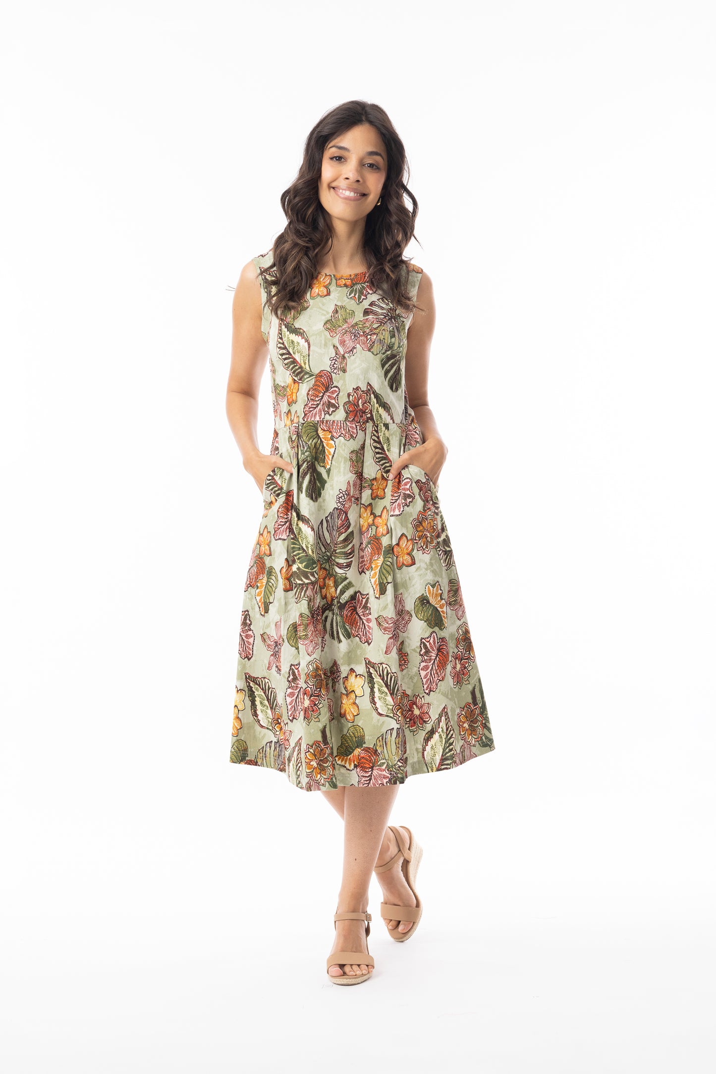 Lima Olive Pleated Sleeveless Dress