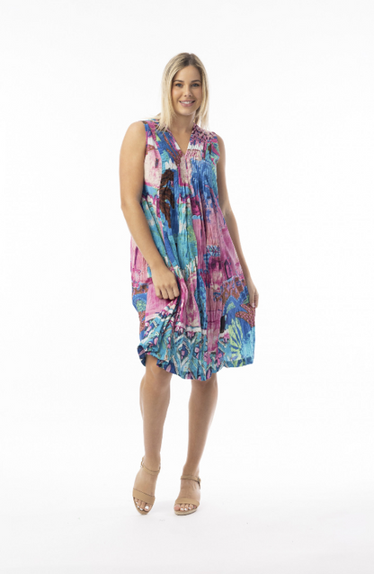 Printed Cotton Dress V Pleated